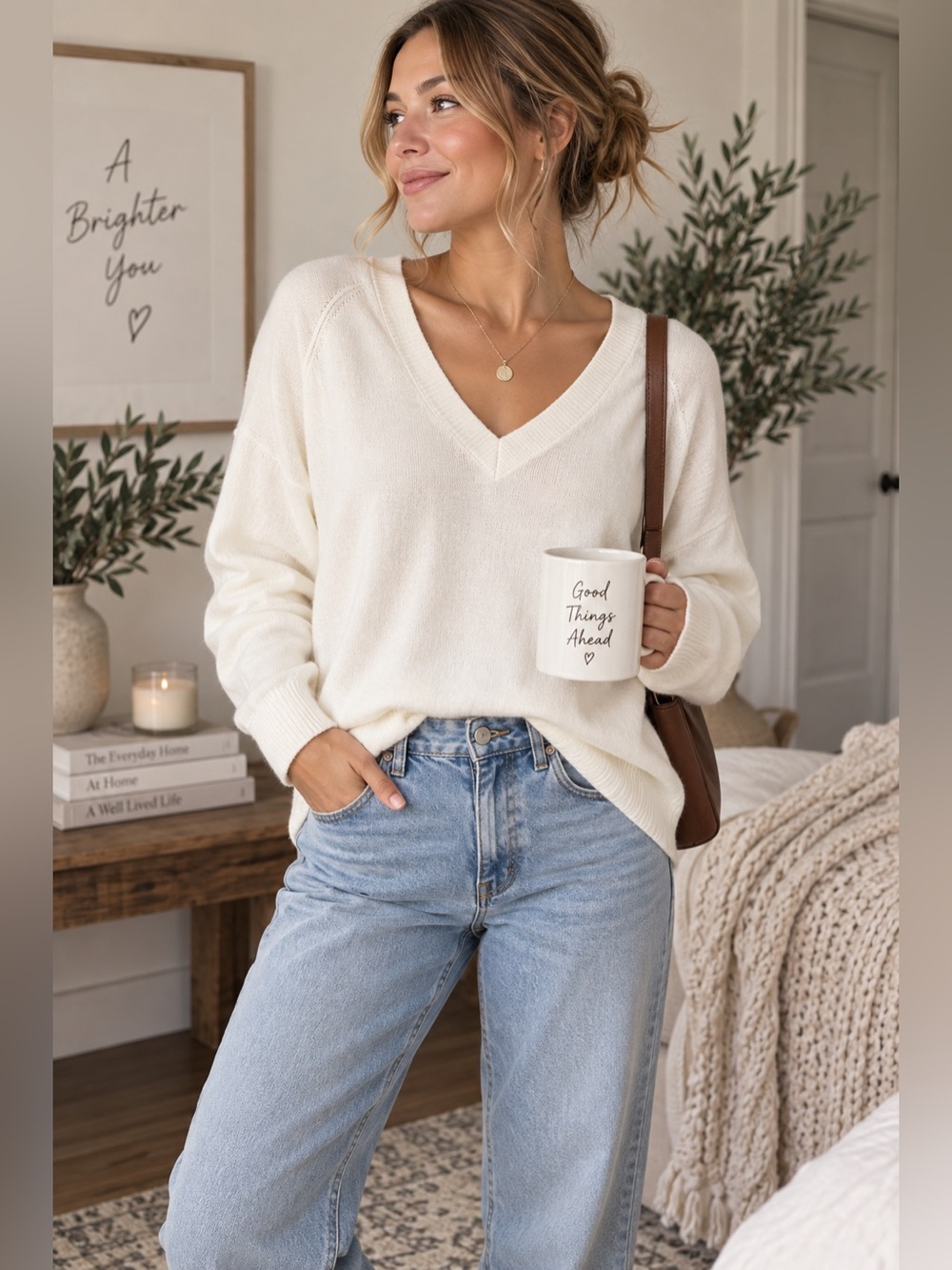 Lucky Brand Cream V Neck Lightweight Sweater Cozy Relaxed Knit